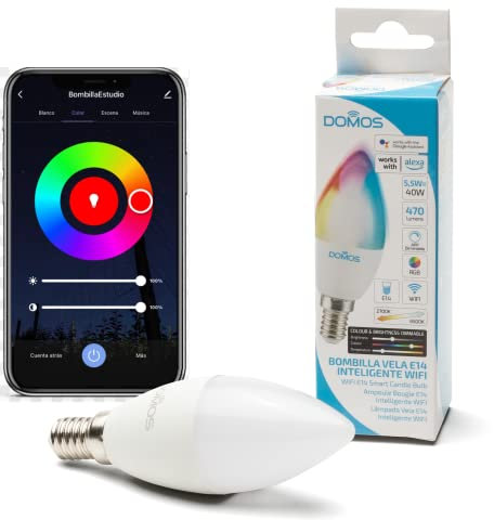 Domos - Bombilla Wifi Inteligente LED Tipo Vela Luz de Colores de 5.5W | Bombilla E14 Regulable y Programable Smart Home | Compatible con Alexa y Google Assistant | Cambio de Color RGB e Intensidad