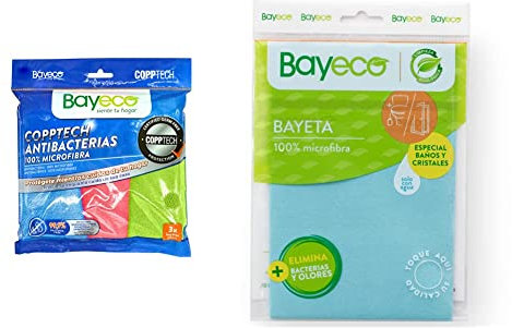 Bayeco - Bayeta Copptech Antibacterias - 100% Microfibra - Tecnología Que Elimina 99,9% de bacterias - Pack Multiusos 3 Unidades & Bayeta Cristales y baños - Solución Espejos- 1 Unidad