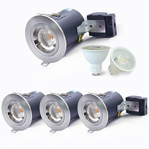 4XSweier IP20 Fire Rated LED Downlights for Ceiling,90 Minute Fire Rated GU10 Downlights, 5W 6000K Cool White Ceiling Recessed Spotlights Fittings with Satin Nickel (Non-Dimmable)