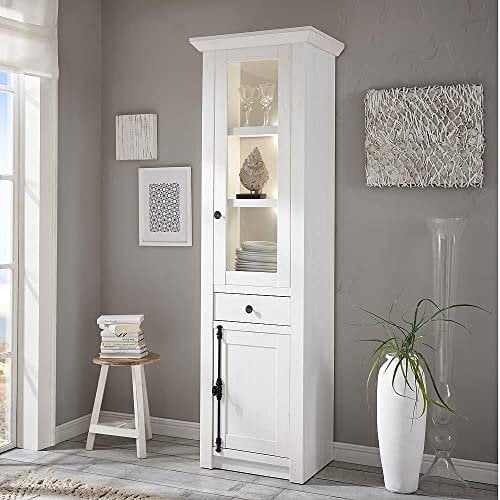 Lomadox Landhaus Stand-Vitrine im Dekor Pinie weiß Nb. inkl. LED B/H/T ca. 63x207x45cm