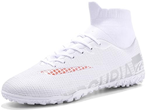 Kikaluo Herren-Fußballschuhe mit High-Tops, Schnürung, rutschfest, kurze Spikes, Gummi-Außensohlen, für festen Boden, Rasen, Futsal-Stollen, Weiß, 11 Women/9.5 Men