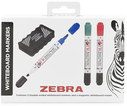 Zebra Pen Dual Tip Whiteboard Pens & Magnetic Eraser Set 3pk - 3mm White board Markers with Eraser - Assorted Double Sided Dry Erase Marker Colours (Black/Blue, Black/Green, Black/Red)