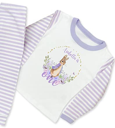allaboutthebump Personalised Lilac Rabbit Wreath Birthday Pyjamas Name is... (Lilac Stripe, 9-12 Months)