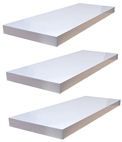 Roseley Set of 3 High Gloss Floating Shelves 40cm No Visible Brackets Wall Mounted Display Bedroom Living Room Kitchen Decor [White]