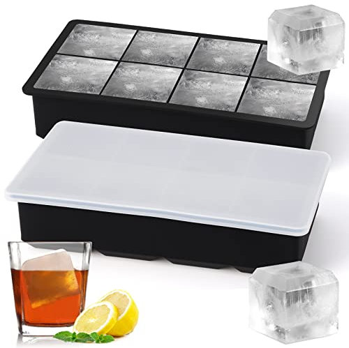 Sinnsally Eiswürfelform Silikon,XXL Eiswürfelform Eiswürfelformen & Eiswürfelschalen mit Deckel,Eiskugelform Gefrierform,Eiswürfelbehälter Eiswürfel Form(2er-Pack 8 Eiswürfelform mit Deckel)