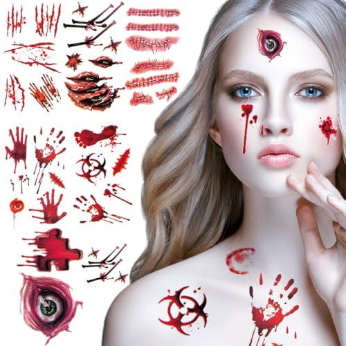 Vampire Costumes Accessories Zombie Make Up Temporary Tattoos Halloween Face Stickers Fake Scars and Wounds Makeup, Halloween Costumes for Women Scar Tattoos Party Cosplay