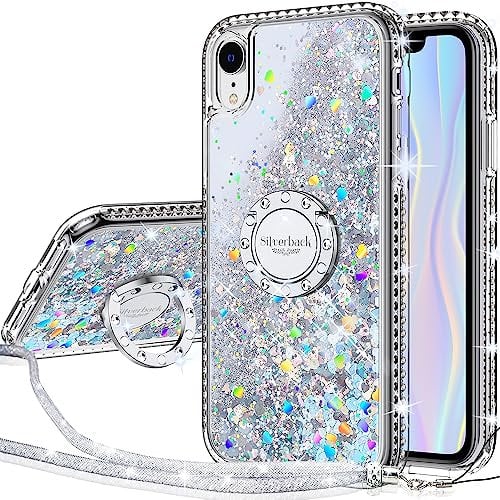 Miss Arts for iPhone XR Case, [Silverback] Moving Liquid Holographic Sparkle Glitter Case With Kickstand, Bling Diamond Ring Shockproof Protective Case for iPhone XR -Silver