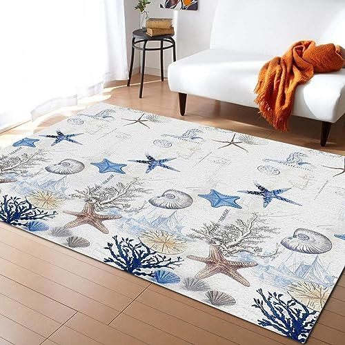 TEMLAN Nautischer Tropischer Ozean Teppiche Gegend, Anker Seestern Muschel Seepferdchen Kinderteppich für Drinnen und Draußen Terrasse Balkon Garten Wohnzimmer 80 x 150cm