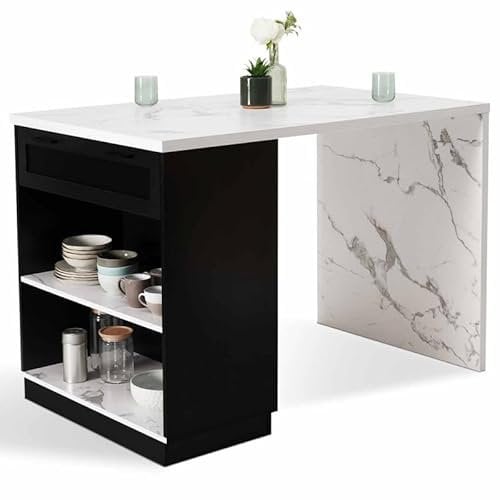 IDMarket – Ilot central comedor de pie 4 personas VITO 130 cm negro y bandeja efecto mármol ALASKA