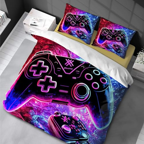 Chenbing Art Bettwäsche 155x220cm Gamer Gamepad 3D Druck Microfaser Bettbezug und 50x75cm Kissenbezug mit Reißverschluss Easy Care Für Buttons Motiv Jugendliche Kinder Schlafzimmer Dekor