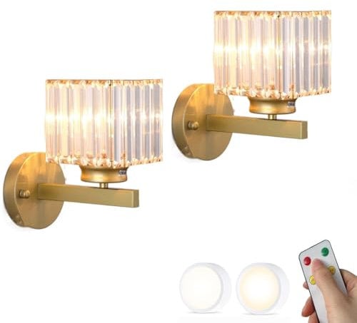 BLOHDI Set of Two Crystal Wall Sconces Battery Operated Wall Lights with Remote Control Dimming Bulb LED Wireless Wall Lamp Gold Black Cordless Lighting for Bedroom Bedside Living Room Hallway