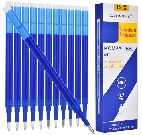 LVZONGXIN 12 x Radierbare Ersatzminen 0,7mm, Kompatibel mit FRIXION & & Eberhard Faber animal erase it, 0,7mm Strichstärke I Nachfüllminen für Gel-Tintenroller mit radierbarer Tinte