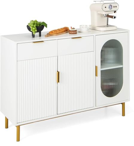TANGZON Storage Cabinet, Wooden Sideboard with Doors, Drawers, Shelves, Metal Legs & Anti-Tipping Device, Freestanding Kitchen Buffet Cupboard Unit, White (3 Doors, 2 Drawers, 120 x 40 x 88cm)