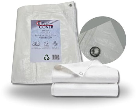 Perfect Cover Telone Impermeabile Per Esterno - Telo Di Copertura Con Occhiellato - Anti-Uv - Telo Protettivo Multiuso Per Mobili Da Giardino, Barche, Legno, Piscina, Auto - 8x10m 80 g/m², Bianco