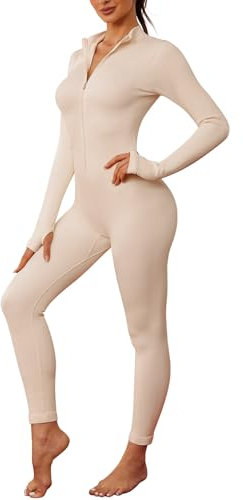 Nadeer Jumpsuit Damen Langarm Yoga Bodysuit Overall Stretch Playsuits mit Reißverschluss V-Ausschnitt Eng Sport Bodycon Strampler(Beige,M)