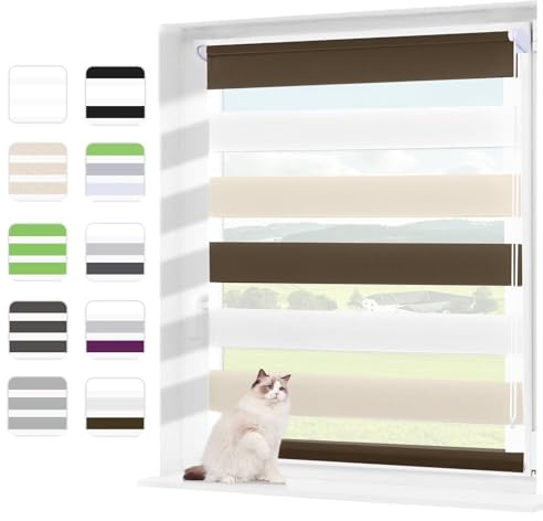 Wudomi Doppelrollo Klemmfix ohne Bohren Weiß-Beige-Braun 45x230cm(BxH),Lichtdurchlässig und Verdunkelnd Duo Rollo,Klemmrollo Seitenzugrollo für Schlafzimmer, Badezimmer, Wohnzimmer Fenster und Tür