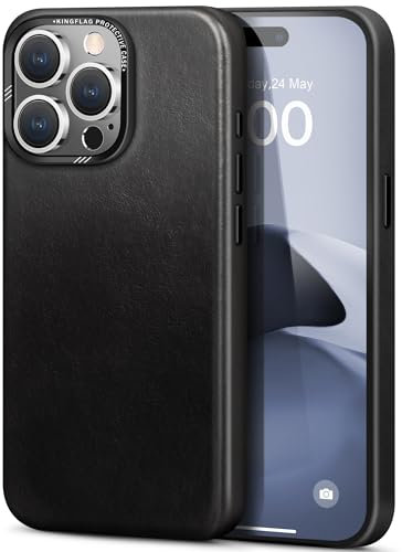 kingflag Leder Hülle für iPhone 15 Pro Max 6,7 Zoll - Ölwachs-Oberleder Handyhülle extra Dünn Kompatibel mit MagSafe Metallknöpfen (Vintage Schwarz)