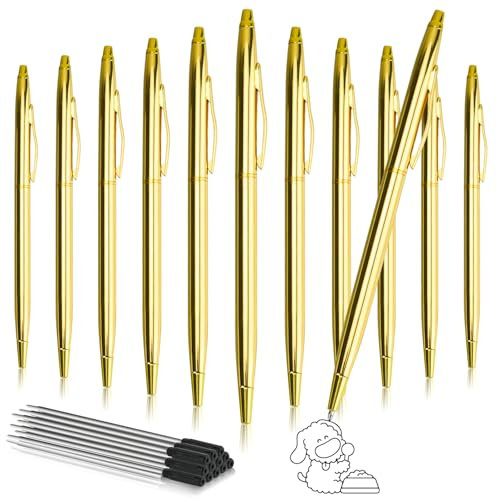SHAIDOJIO 12Stück Metall Kugelschreiber, 1,0MM Schwarzer Kugelschreiber mit 12 Nachfüllungen, Drehung Schwarze Tinte Stift, Schlank Kugelschreiber für Business Hochzeit Büro(Gold)