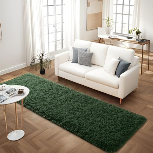 FALARK Weicher dunkelgrüner Läufer für Schlafzimmer, 60 x 120 cm, Plüsch, flauschig, moderner Teppich, Teppich für Wohnzimmer, Mädchen, Kinderzimmer, Heimdekoration, Dunkelgrün