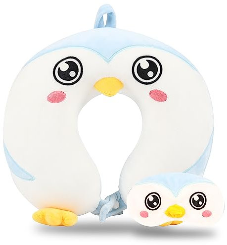 MissSoul Reisekissen, Kinder-Reisekissen mit Schlaf-Augenmaske, weiches Memory-Schaum-Nackenkissen für Kinder, Jungen und Mädchen, Teenager, Reisezubehör für Flugzeug – Pinguin-Nackenkissen