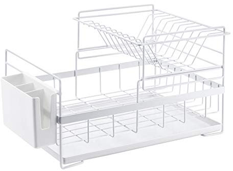 PINZHEN Escurridor De Platos De 2 Niveles,Escurridor De Platos Pequeño con Tablero De Drenaje,Escurridor Multifuncional para Organizador De Mostrador De Cocina Blanco