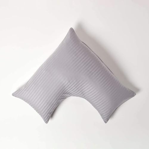 HOMESCAPES Grey Pure Egyptian Cotton V-Shape Pillowcase 330 TC 500 Thread Count Percale Equivalent Satin Stripe Pillow Case For Nursing Pregnancy and Elderly Pack of 2