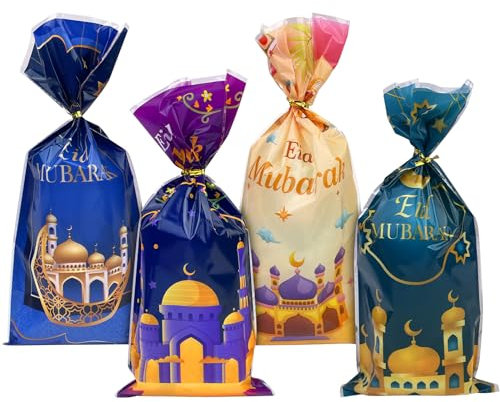 Dunkwckore 100 Stück Geschenktüten Kindergeburtstag, Eid Mubarak Cellophantüten Plastiktüten with 100 Twist Ties Ramazan Geschenktüte Zellophanbeutel, Geschenke Candy Bar Tüten, Ramadan, Süßigkeiten