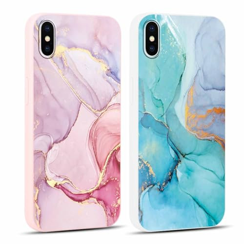 Foonary 2 Stück Handyhülle für iPhone X/iPhone XS 5,8 Hülle Marmor Muster Design Aesthetic Muster Mädchen Case Cover Weich Silikon TPU Stoßfest Schutzhülle für iPhone XS,Marble Rosa