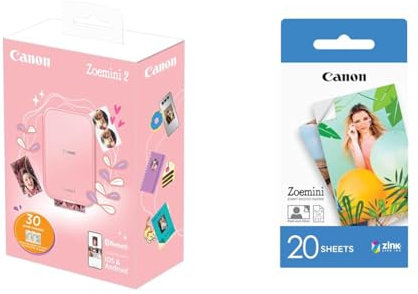 Canon Zoemini 2 Pack Imprimante Photo + 30 Feuilles Assorties, Rose Doré & Papier Photo Zink 5 נ7,6 cm Zoemini | Pack de 20 Feuilles | Impression sans Encre