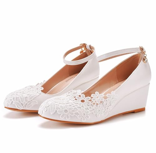 Damen Mittlerem Keilabsatz Absatz Heel Anhänger Schuhe Pumps Geschlossene Runde Zehe 5.5CM Hochzeitsfest-Kleid-Schuhe