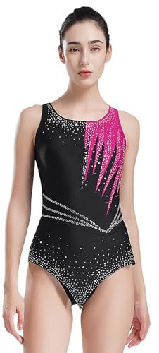 inhzoy Body Ginnastica Artistica Donna Senza Maniche Bodysuit da Allenamento Strass Leotards Balletto Body Danza Classica Moderna Costume da Pattinaggio Artistico Dancewear Rosa caldo M