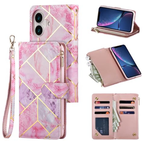 UEEBAI Wallet Case for iPhone 16 Plus 6.7, Premium PU Leather Magnetic Closure Geometric Marble Pattern Handbag Zipper Pocket Case Kickstand Card Holder Slots Shockproof Flip Cover - Pink Purple