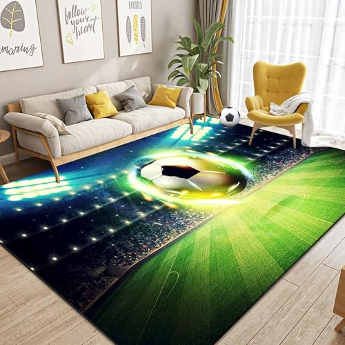Dai Lufei Fußballplatz Spielteppich, 3D FußBall Teppich Jugendzimmer Eisfeuer Flammen Bedruckt Großflächige Teppich Sport Fußballplatz Bodenmatte Für Schlafzimmer, 140x200cm