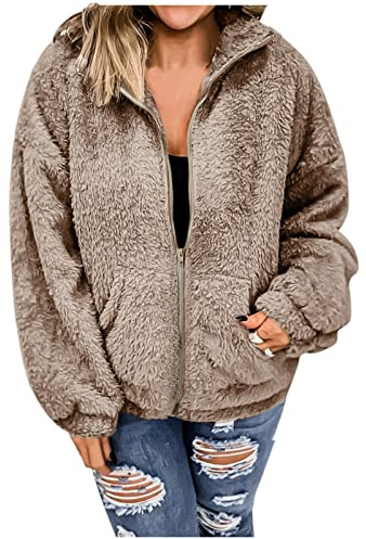 Teddyjacke Damen Ohne Kapuze Flauschige Plüschjacke Kurz Einfarbig Winterjacke Warm Teddy Sweatjacke Plüsch Pullover Zipper Jacke Outdoorjacke Winter Übergang Herbstjacke Damen Thermojacke Ohne Kapuze