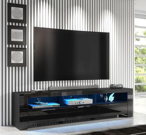 Furneo Phantom 10 – 200 cm Black TV Stand Cabinet in Matt and High Gloss Finish with Blue LED Lighting