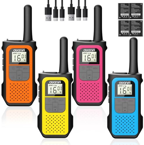 AWANFI 4 Piezas Walkie Talkie Recargable con 1200mAh Batería, Walkie Talkie para Adultos Niños, 16 Canales Walkie-Talkies con VOX, Walky Walky para Regalos Aventuras Camping Senderismo
