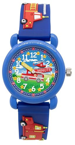 K&L Wall Art Kinderuhr Analog Lernuhr Kinderarmbanduhren für Jungen Mädchen Kinder Armbanduhr (Blau Feuerwehr 3D, Silikon)