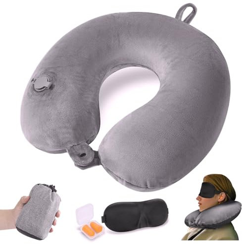 JetsCush Coussin de Voyage Gonflable, Oreiller de Voyage Compact avec Masque pour Les Yeux et Bouchons d'oreilles, Coussin Avion Gonflable pour Avion, Train, Bureau, Gris