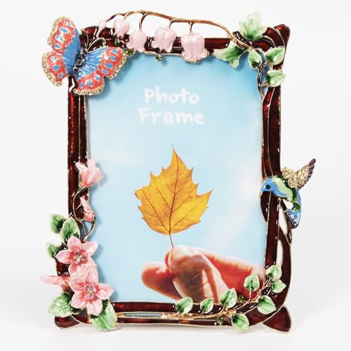 Cadre photo vintage de 12,7 x 17,8 cm avec verre haute définition, support photo décoratif en métal avec motif floral rustique pour affichage sur table