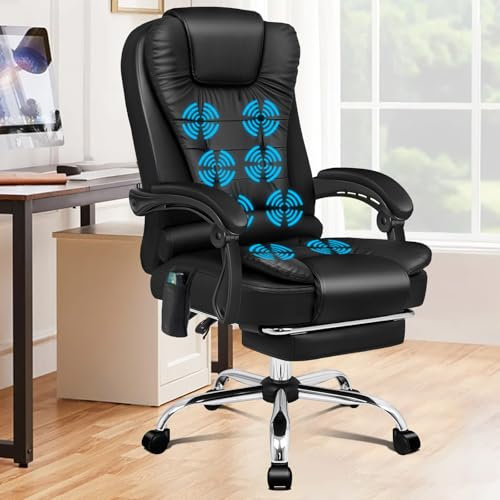 ALFORDSON Bürostuhl mit Massagefunktion, ergonomisches Design mit großer Sitzpolsterung, Lendenwirbelstütze, Rollen, für reibungslose Mobilität im Büro, Dunkelschwarz