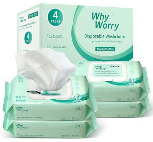 WhyWorry Wet Wipes for Adults, Extra Large 20x30 cm Body Cleaning Wipes for Elderly Care & Incontinence Cleansing, Extra Thick Adult Washcloths Disposable with Aloe & Vitamin E, Unscented, 220 Count