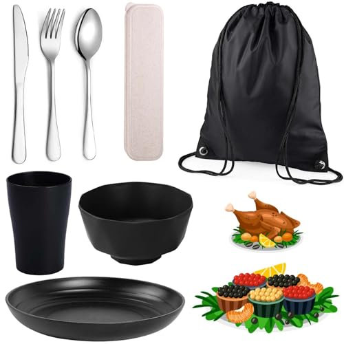 Set di utensili da campeggio,Utensili da campeggio,set di posate da viaggio,set di posate portatili,Set di posate da campeggio,Include coltello, cucchiaio, forchetta, tazza,ciotola, piatto