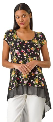 Roman Chiffon Dipped Hem Top Asymmetric Tunic for Women UK Ladies Stretchy Jersey Flared Blouse Smart Fit & Flare Form Casual Loose Longline Party Hanky Tunics - Pink Noir - Size 20