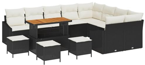 vidaXL 13-teiliges Gartensofa-Set mit Kissen in Schwarz aus Poly Rattan und Akazie, wetterfest. Modulare Möbel für 5-Sitzer Terrassen-Sofas, zeitgemäße Couch und Lounge-Sets.