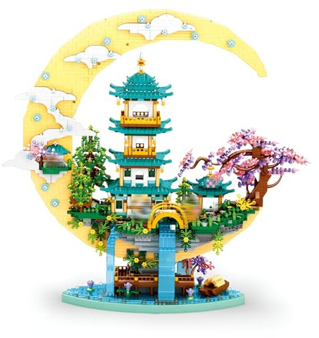 JVAVNE Sakura Baumhaus Bauklötze Bausteine, 4288 Teile Mini Chinesischer Mondpalast Architektur Klemmbausteine, MiJapanisches Sakura Baumhaus Lichter Bausatz, Geschenk für Jugendliche und Mädchen