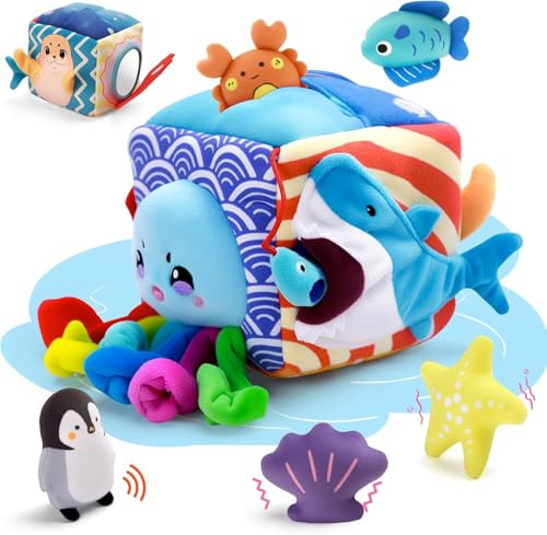 SAIMAND Jouet Bébé 6-12 Mois, Boîte Sensorielle Montessori Océan | Jouet Montessori avec 5 Animaux Marins en Peluche, Hochet, Papier Froissé & Miroir, Cadeau Naissance, Pâques & Noël