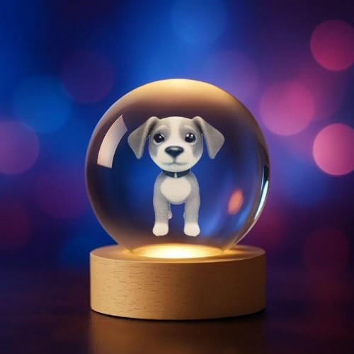 Plexido 3D Kristallkugel LED – Verschiedene Motive zur Auswahl: Hunde – Deko-Licht aus Glas mit Holzsockel – Personalisierbar – Geschenkidee (Hund 8)