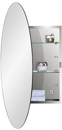 Fundin Badezimmer-Spiegelschrank mit ovaler Spiegeltür, verstellbaren Sicherheitsglas-Regalen, Aufputzmontage, 45 cm Breite x 65 cm Höhe, spiegelndes Finish