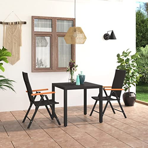 QJBSAVVA 3-TLG. Garten-Essgruppe Schwarz Braun 79 x 79 cm WPC Tischplatte rattanoptik Stapelstühle 7-Fach verstellbar Modernes Design für Balkon Terrasse Campingplatz
