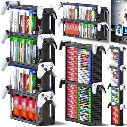 Torre de Almacenamiento de Videojuegos con Soporte para Mando, Soporte Juego para PS5/PS4/Xbox/NS 2, Organizador de Videojuegos para 80 Discos, Vertical & Horizontal Estantería Discos, Accesorio Juego